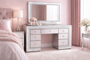 Mirrored dressing table package with the Winter Whisper Vanity, LED Hollywood mirror and matching vanity seat, creating a complete luxury makeup station with elegant crystal detailing.
