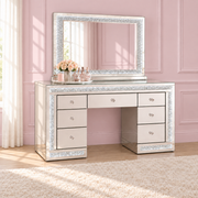 Mirrored makeup desk with built-in LED lighting, crushed crystal accents and 7 drawers for organising cosmetics, skincare and beauty accessories.