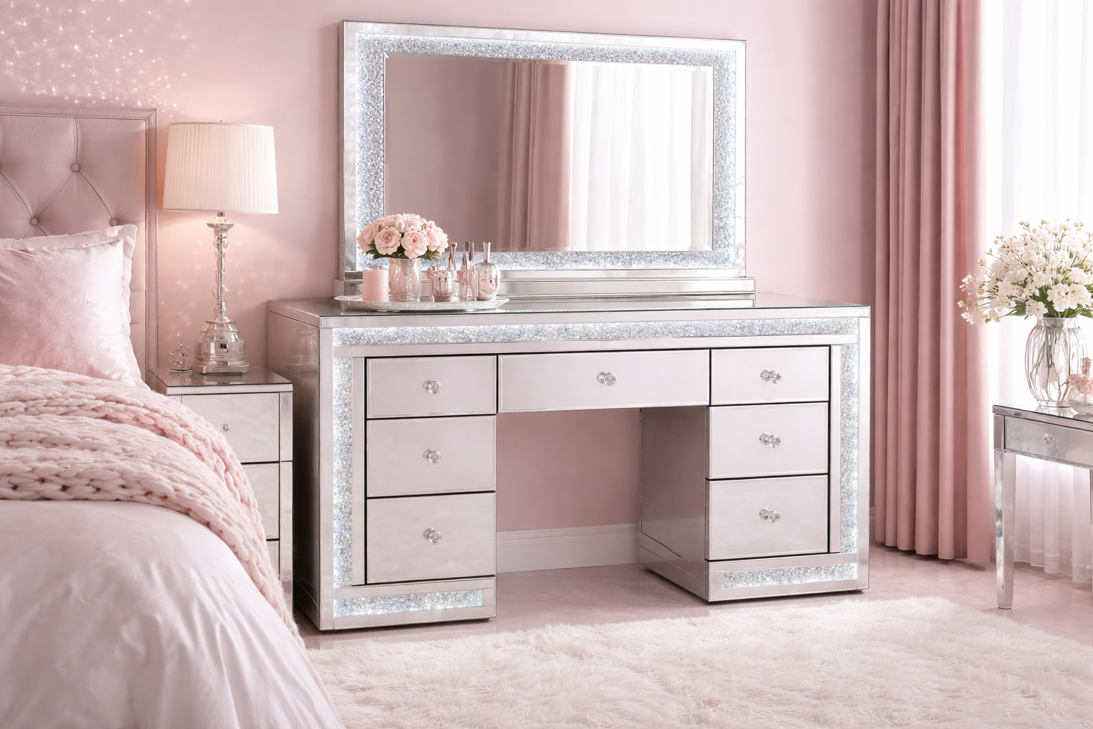 Mirrored makeup desk with built-in LED lighting, crushed crystal accents and 7 drawers for organising cosmetics, skincare and beauty accessories.
