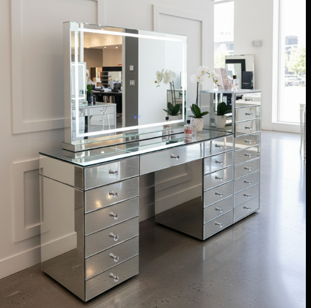 Mirrored makeup vanity package with the Princess Pearl Vanity, LED Princess Mirror, matching Princess Tallboy and Princess Seat for glamorous bedrooms and beauty rooms.