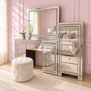 Mirrored storage drawers with built-in LED lighting, sparkling crystal detailing and elegant mirrored panels for organising clothing, makeup and beauty accessories.