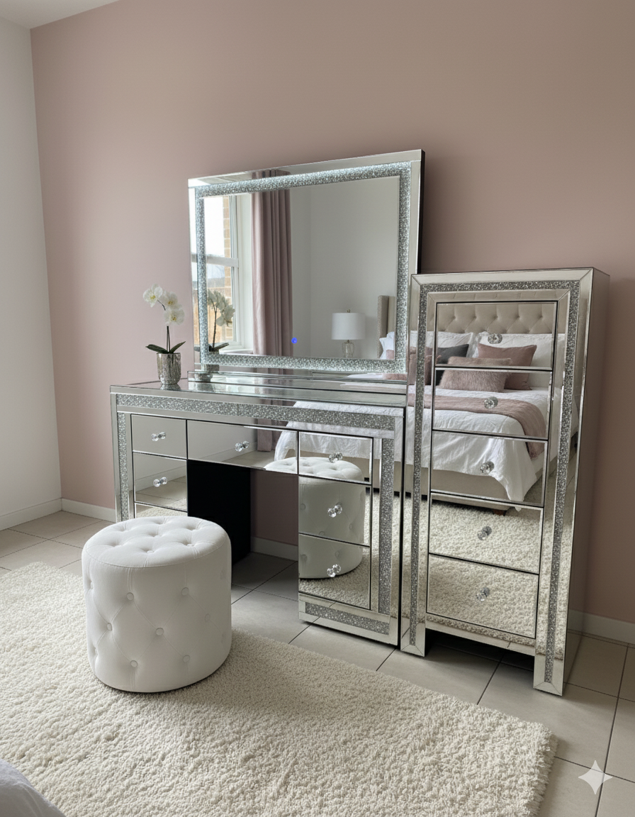 Mirrored storage drawers with built-in LED lighting, sparkling crystal detailing and elegant mirrored panels for organising clothing, makeup and beauty accessories.