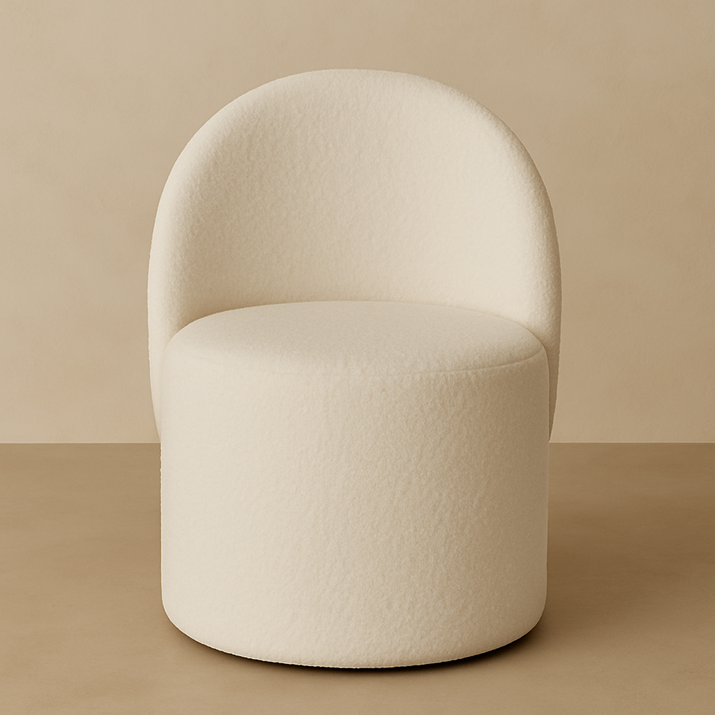 Modern bouclé beauty room chair with a curved silhouette, plush seating and 360° swivel base for makeup routines, content creation and stylish interiors.