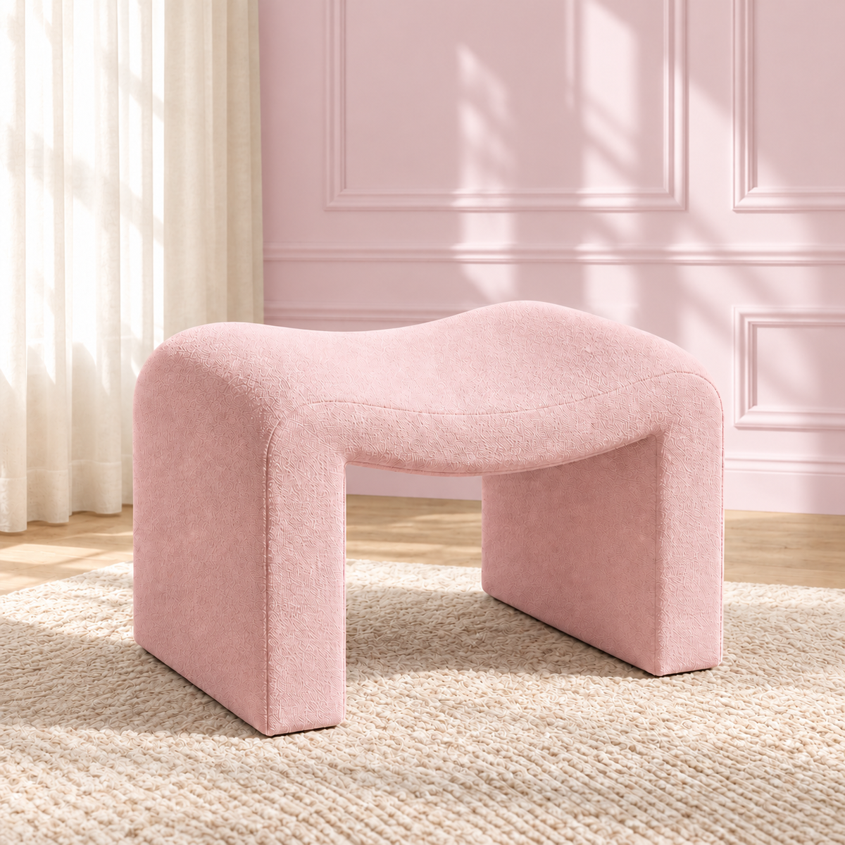 Modern Willow Curve vanity chair in blush pink featuring a curved bouclé upholstered seat for makeup vanities, dressing rooms and bedrooms.