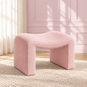Modern Willow Curve vanity chair in blush pink featuring a curved bouclé upholstered seat for makeup vanities, dressing rooms and bedrooms.