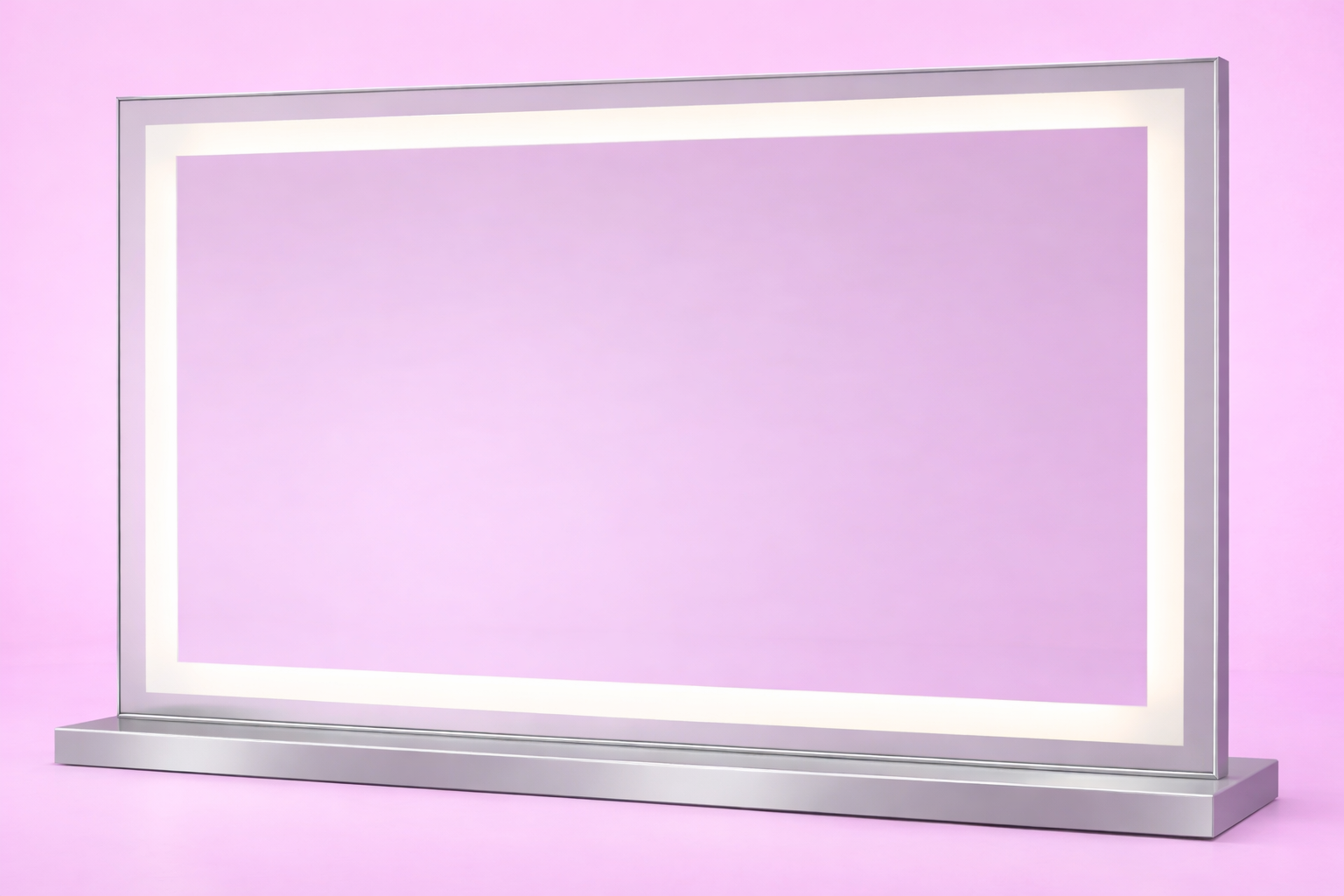 Nova LED Hollywood mirror with dimmable LED strip lighting, three adjustable light settings and a modern frameless design for makeup vanities, dressing tables and beauty rooms by Vanity Vault.