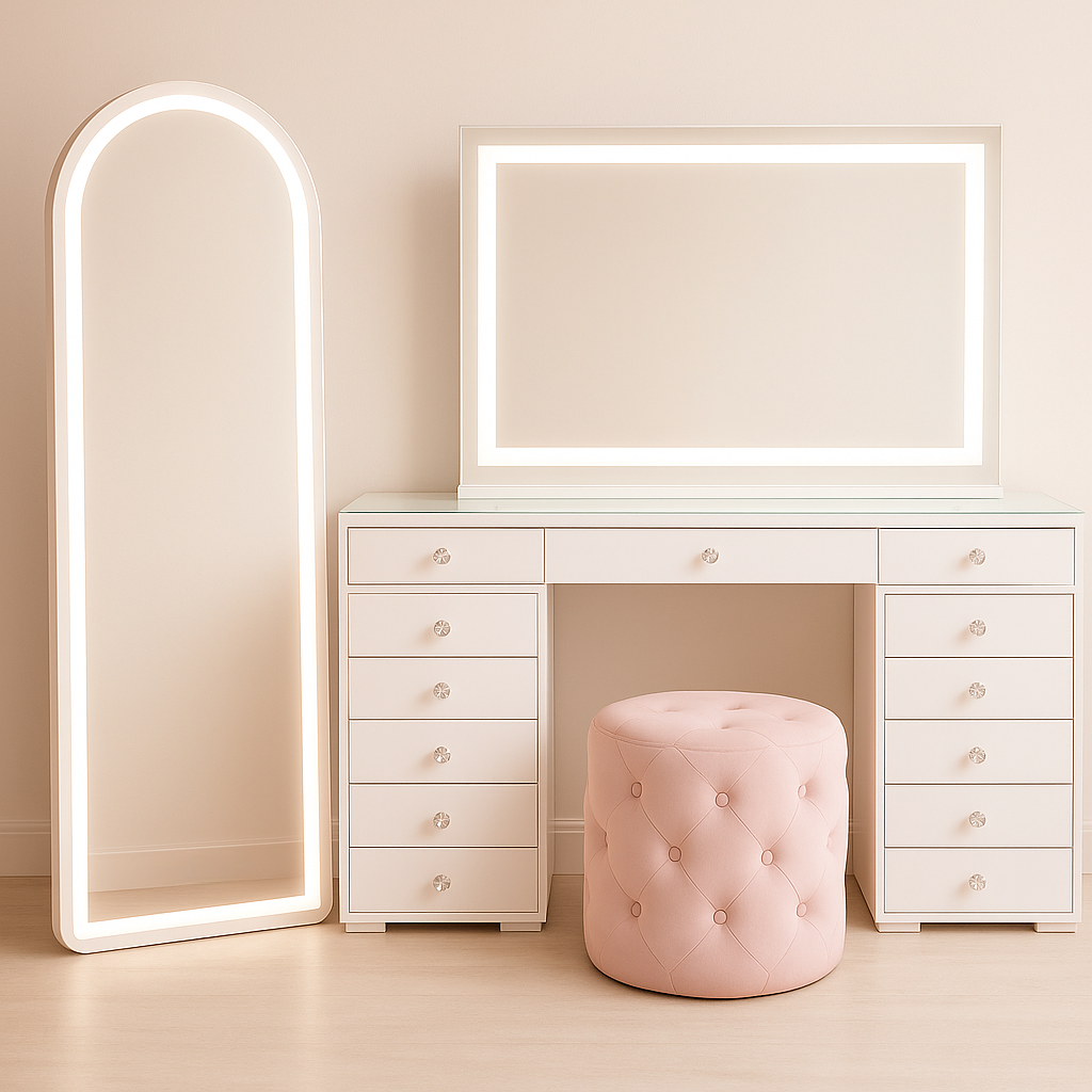 Paris Collection luxury makeup vanity package featuring the Babyface Vanity, Aries Arch Mirror, Nova Hollywood Mirror and Marshmellow Ottoman for the ultimate beauty room setup by Vanity Vault.