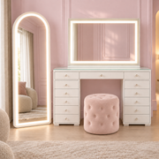 Paris Collection white makeup vanity with LED mirrors and blush pink stool