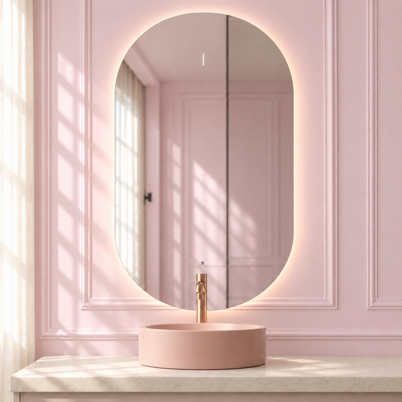 Pixie Glow Pill Mirror in a soft blush pink setting