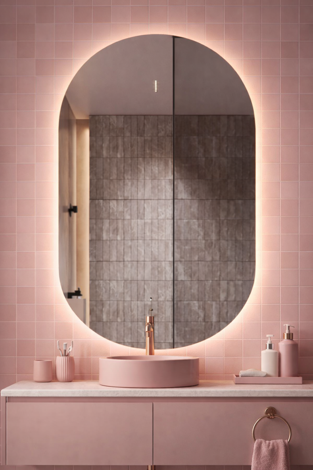 Pill-shaped LED bathroom mirror with built-in Bluetooth, anti-fog demister, touch controls and adjustable warm, cool and neutral lighting.