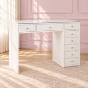 Compact makeup vanity package with a Mini Vanity Desk, Seraphina LED Hollywood Mirror and Marshmellow Ottoman, perfect for bedrooms, apartments and smaller beauty spaces.