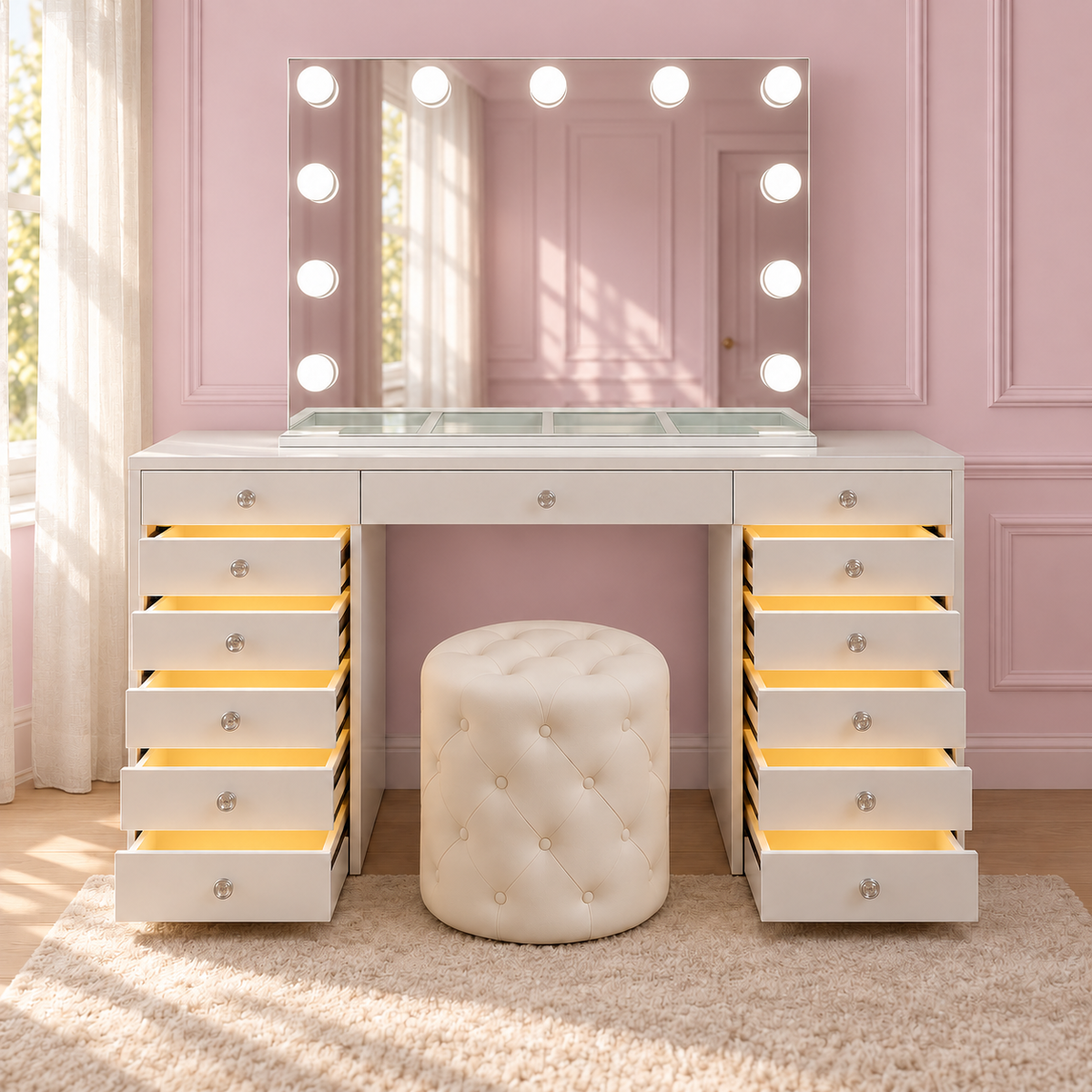 Deluxe makeup vanity set with Luna Luxe mirror and Marshmellow Ottoman.
