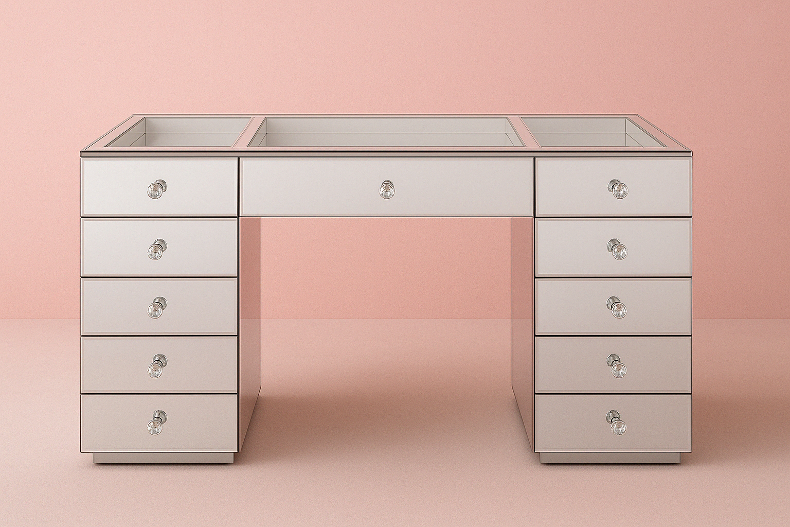 Premium white beauty vanity with a soft pearlescent finish, pre-assembled construction and spacious storage for makeup, skincare and beauty accessories.