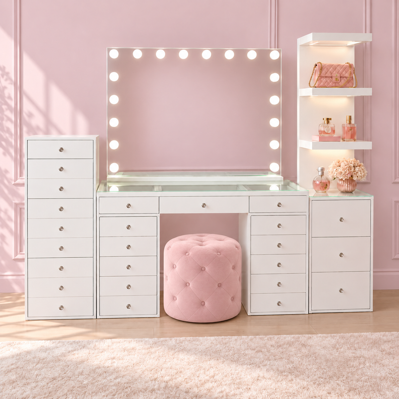 Pretty Poppy Collection with Babyface vanity, Aurora Dream mirror, Scarlett Sky Tower, Harmony 9 Tower and Pink Marshmellow Ottoman. Other seating choices are available.
