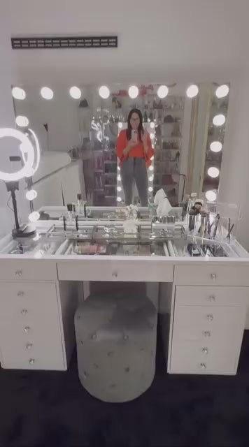 Luxury dressing table set in Australia featuring the Dollface Vanity, Luna Luxe Hollywood Mirror and Marshmellow Ottoman for elegant beauty spaces and bedrooms.