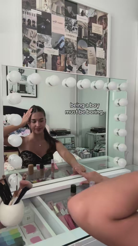 Small LED makeup mirror with Hollywood-style lighting, touch controls, USB charging and a premium compact design for bedrooms, dressing tables and apartments.