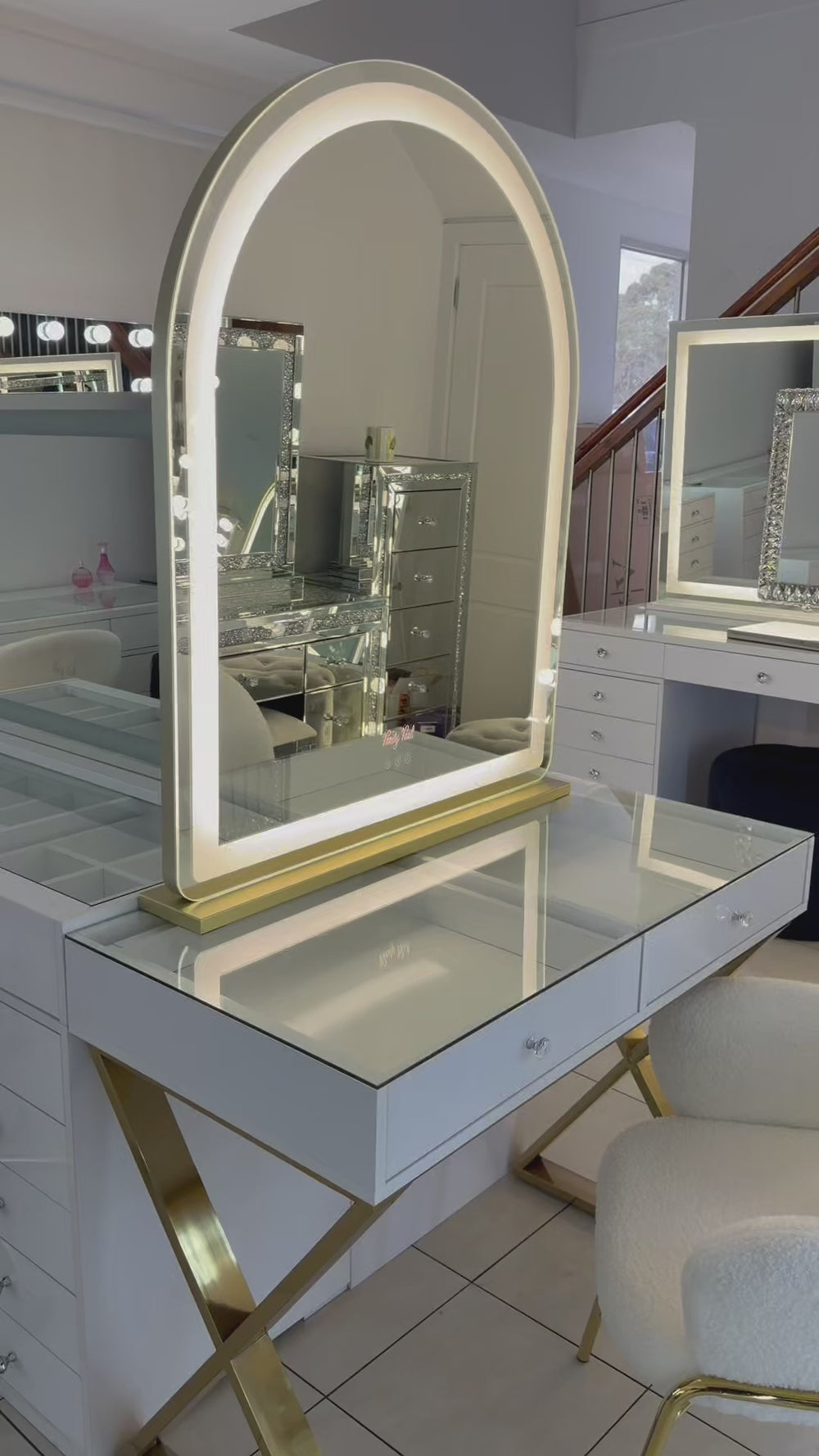 Halo Haven Vanity package with the Mini Aries LED mirror and Candy Cloud Lounge Chair, creating a complete luxury makeup vanity setup with elegant white and gold styling.