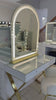 Halo Haven Vanity package with the Mini Aries LED mirror and Candy Cloud Lounge Chair, creating a complete luxury makeup vanity setup with elegant white and gold styling.