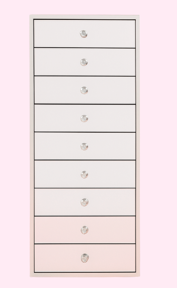 Princess mirrored tallboy with 9 spacious drawers, crystal-style knobs, mirrored finish and elegant silver trim for bedrooms, beauty rooms and luxury storage by Vanity Vault.