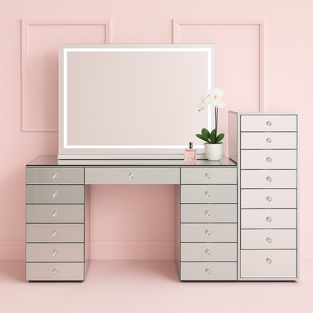 Princess Package luxury mirrored makeup vanity set featuring the Princess Pearl Vanity, Princess LED Mirror, Princess Tallboy and Princess Seat for the ultimate beauty room by Vanity Vault.