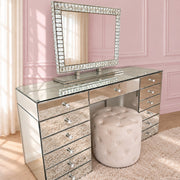 Princess Pearl mirrored dressing table with spacious storage drawers, crystal-style knobs and a premium mirrored finish for luxury makeup vanities, bedrooms and beauty rooms by Vanity Vault.
