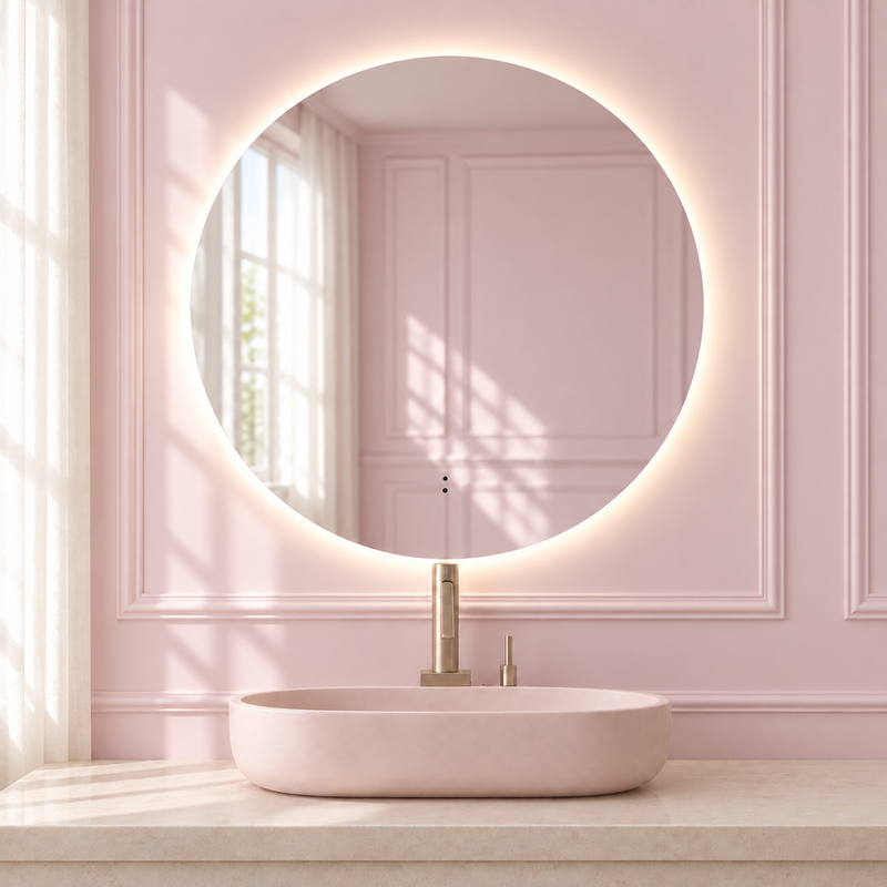 Crystal Halo Mirror in a soft blush pink setting