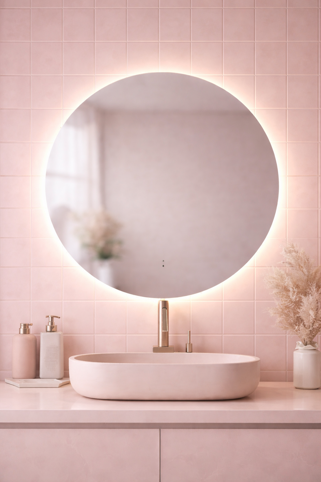 Round LED bathroom mirror with built-in Bluetooth speaker, anti-fog function, adjustable warm, cool and neutral lighting, and a modern halo glow.