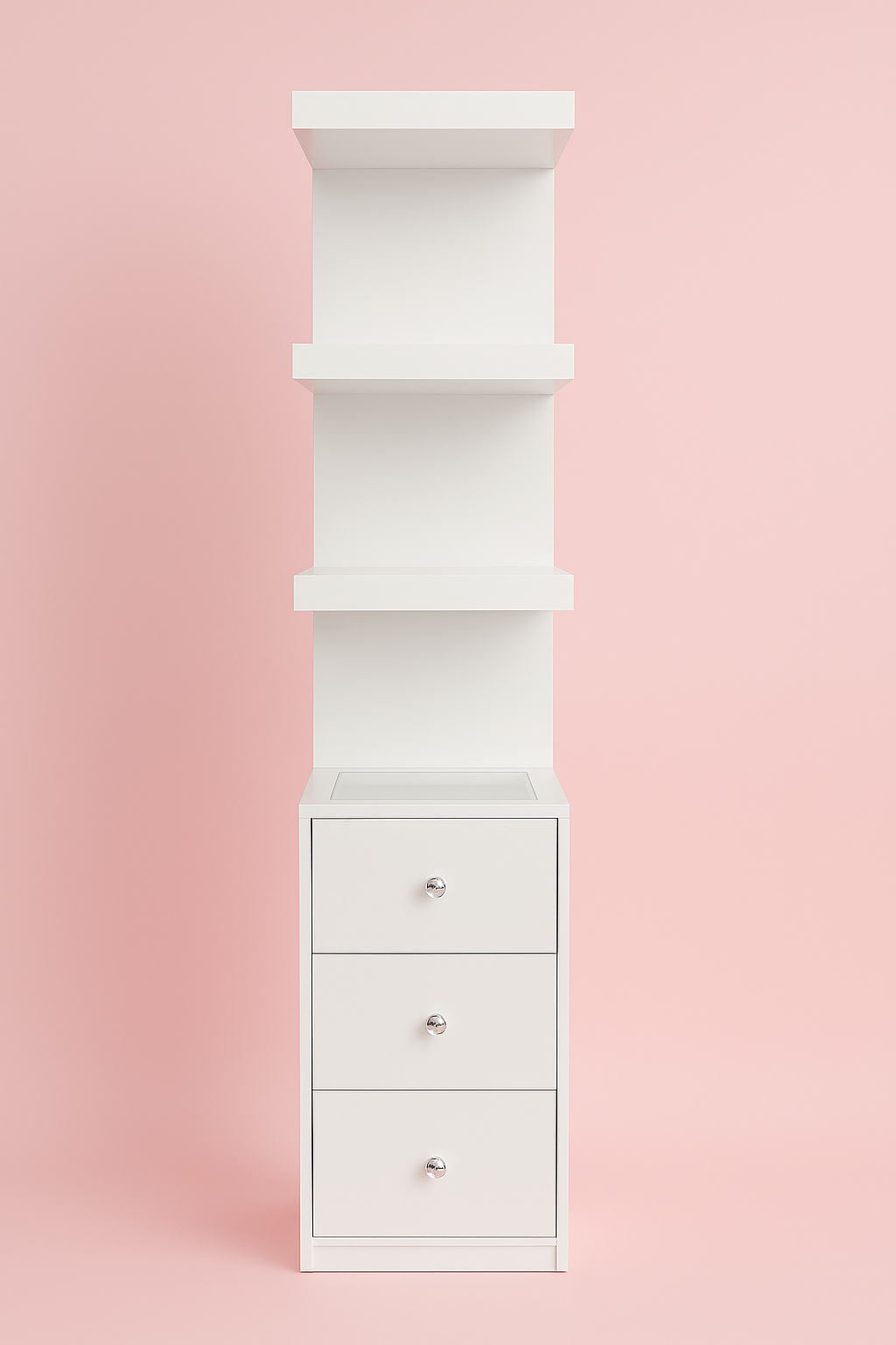 Scarlett Sky Tower makeup storage cabinet with a high-gloss white finish, three storage drawers, open shelving and a glass-top display compartment for bedrooms, beauty rooms and vanity spaces by Vanity Vault.