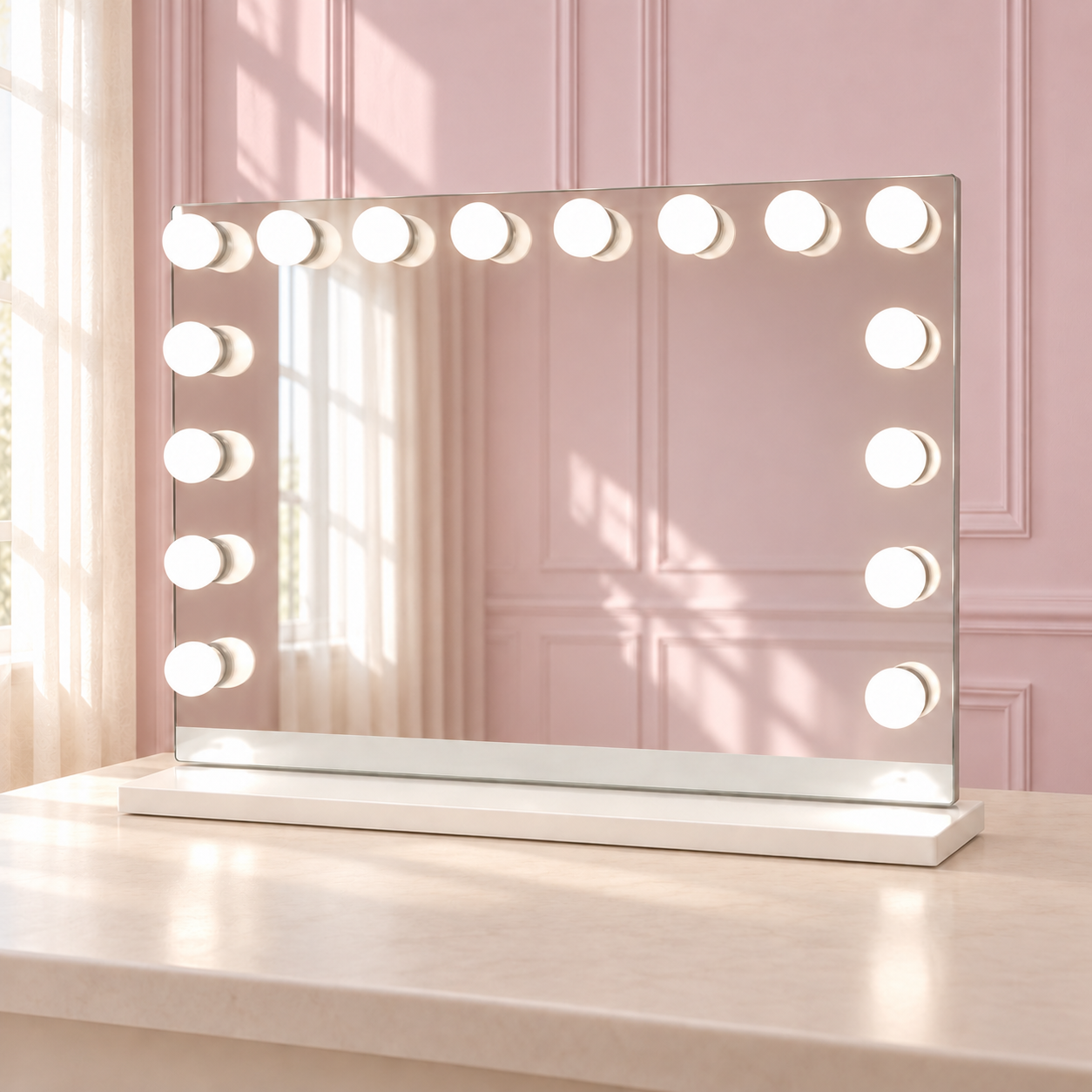 The Seraphina Mirror in a soft blush pink setting