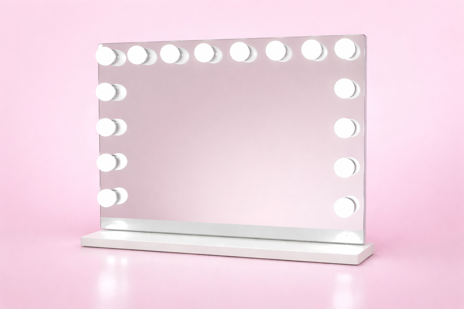 Seraphina Hollywood makeup mirror with 18 LED bulbs, three adjustable light settings, dimmable brightness, USB charging and a compact design for makeup vanities, dressing tables and beauty rooms by Vanity Vault.