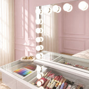 Seraphina LED vanity mirror with 18 LED bulbs, dimmable lighting, USB charging and a sleek compact design for makeup vanities, bedrooms and beauty rooms by Vanity Vault.
