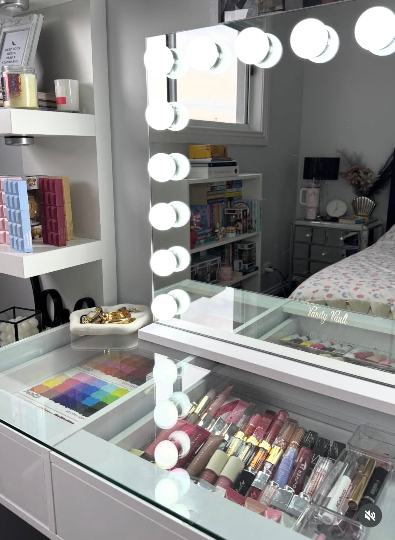 Seraphina LED vanity mirror with 18 LED bulbs, dimmable lighting, USB charging and a sleek compact design for makeup vanities, bedrooms and beauty rooms by Vanity Vault.