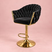 Black Showgirl Makeup Stool with braided velvet upholstery and polished gold pedestal base
