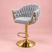 Grey Showgirl Makeup Stool with braided velvet upholstery and polished gold pedestal base