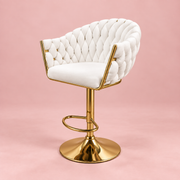 White Showgirl Makeup Stool with braided velvet upholstery and polished gold pedestal base