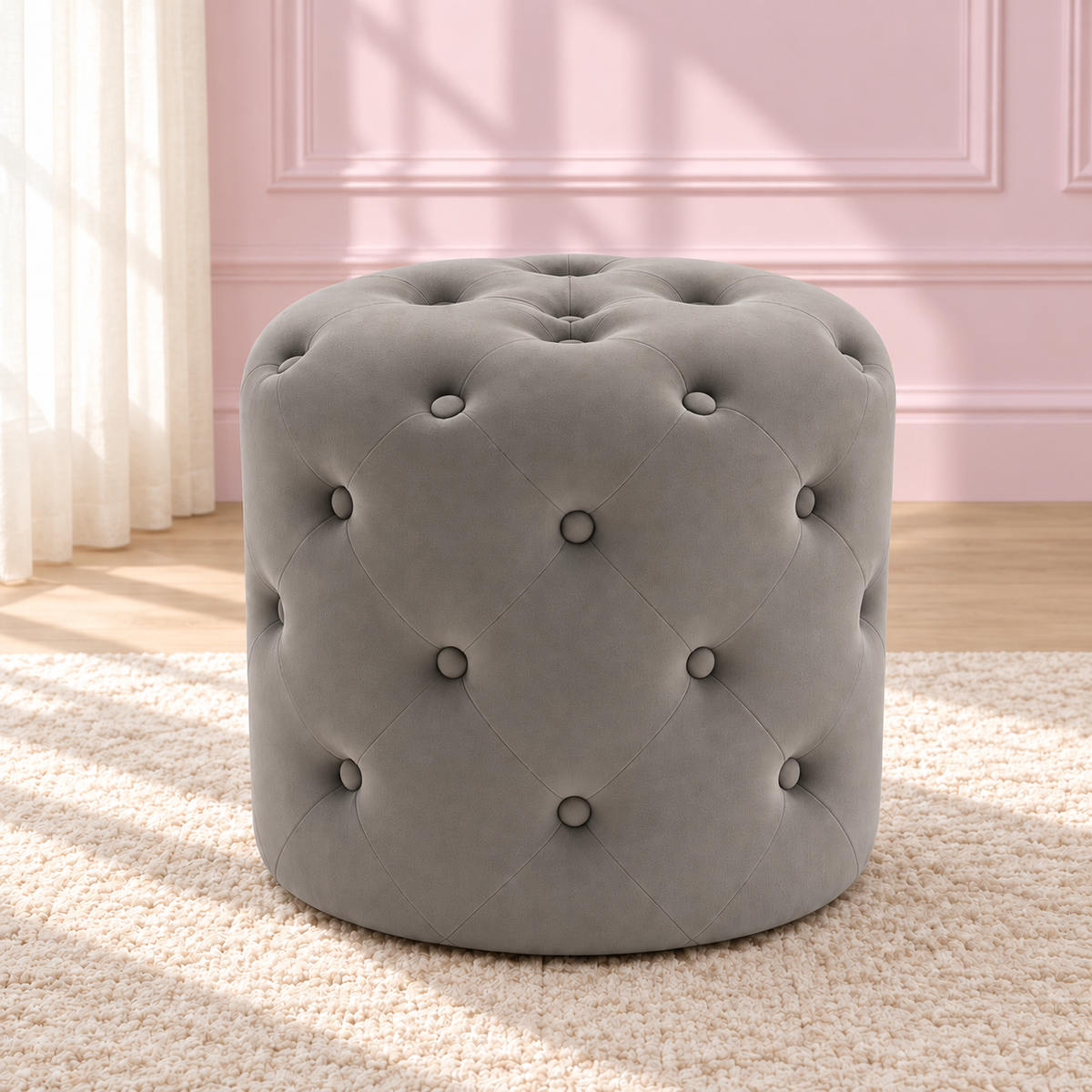 Small bedroom ottoman with soft plush upholstery and a comfortable padded seat for dressing tables, makeup vanities and modern interiors.