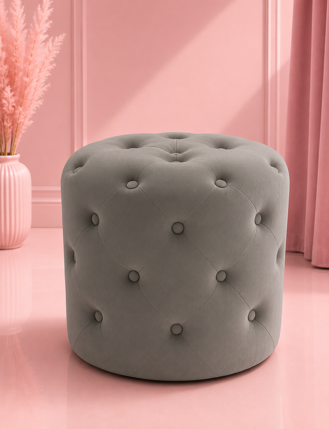 Small bedroom ottoman with soft plush upholstery and a comfortable padded seat for dressing tables, makeup vanities and modern interiors.