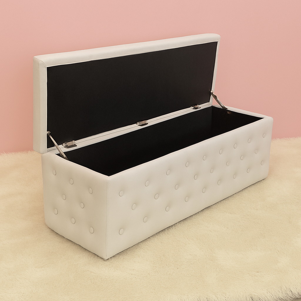Suede storage ottoman with a lift-up lid, hidden storage compartment and deep diamond-button tufting for bedrooms, beauty rooms and living areas.