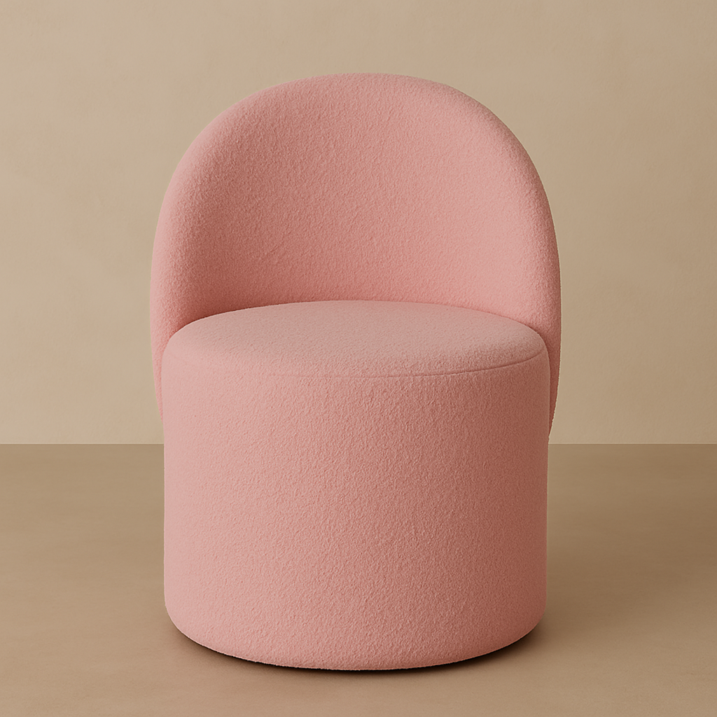 Sugar Cloud bouclé swivel vanity chair with a soft cushioned seat, rounded silhouette and 360° swivel design for makeup vanities, bedrooms and beauty rooms by Vanity Vault.