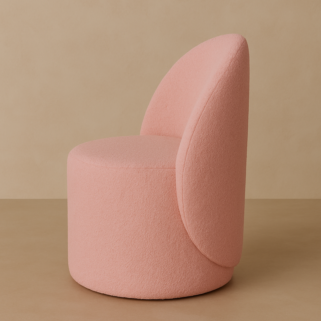 Premium Sugar Cloud vanity chair in Australia featuring soft bouclé upholstery, a 360° swivel base and a rounded designer silhouette for luxury makeup vanities and beauty rooms by Vanity Vault.