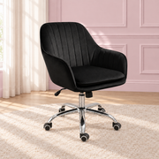 Sweet Dream black swivel vanity chair with padded arms, channel-stitched back and chrome wheeled base.