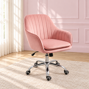 Sweet Dream pink swivel vanity chair with padded arms, channel-stitched back and chrome wheeled base.
