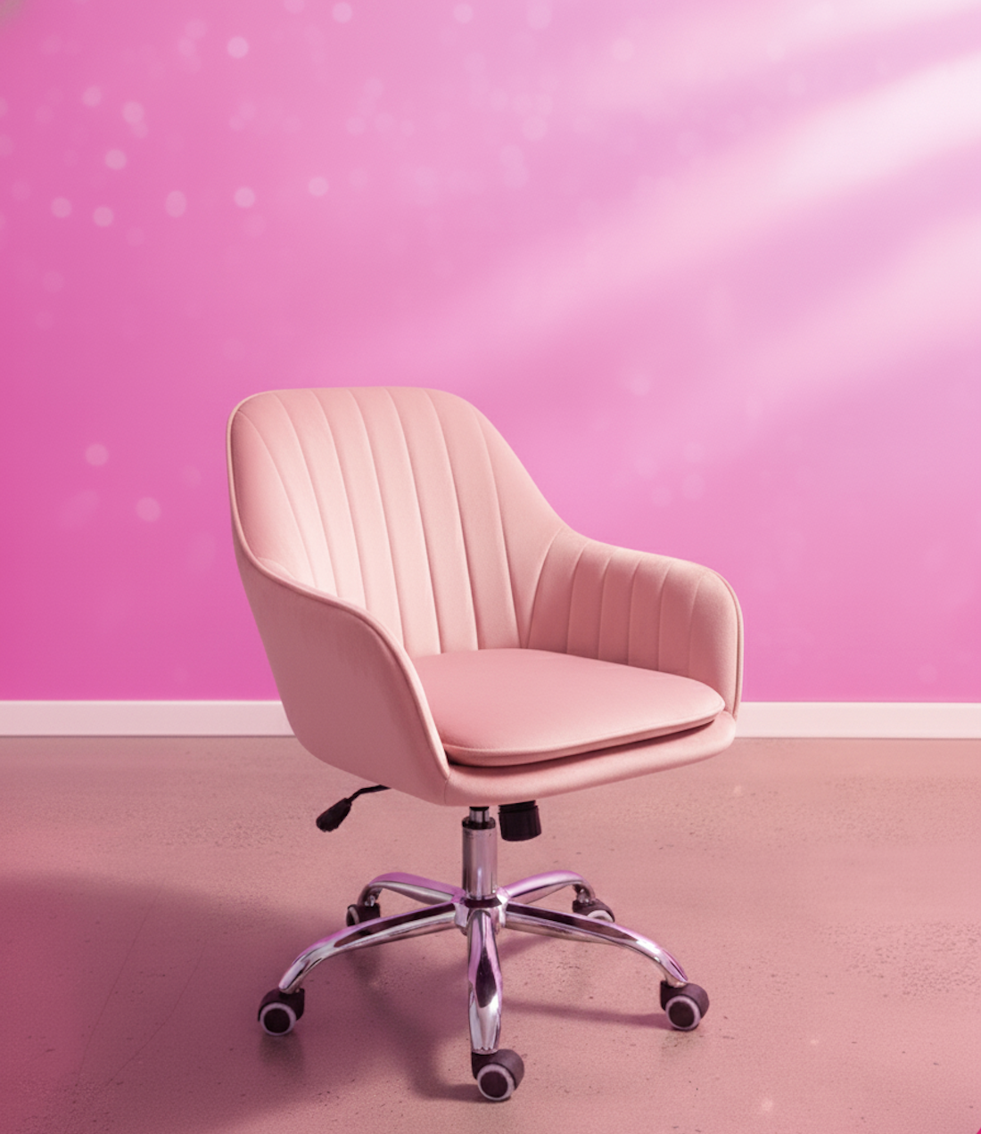 Sweet Dream Swivel velvet vanity chair with 360° swivel, height-adjustable seat, chrome base and smooth-rolling wheels for makeup vanities, home offices and beauty rooms by Vanity Vault.