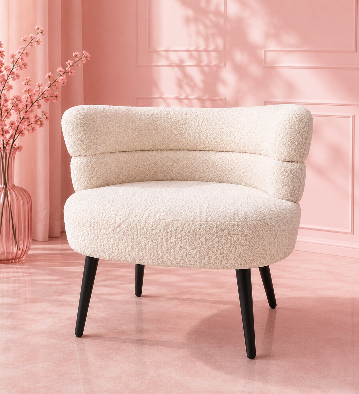 Sweet Sundae Lounge Seat in white bouclé fabric with a plush curved design, padded cushioning and modern silhouette for makeup vanities, bedrooms and beauty rooms by Vanity Vault.