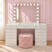 Compact BabyFace vanity package with the Luna Luxe Hollywood Mirror and Marshmellow Ottoman, perfect for bedrooms, apartments, first beauty rooms and stylish makeup stations.