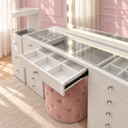 Premium Dollface Collection makeup vanity package in Australia featuring the Dollface Vanity, Luna Luxe Hollywood Mirror and Marshmellow Ottoman for luxury beauty rooms and dressing spaces by Vanity Vault.