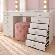 Dollface Collection luxury makeup vanity package featuring the Dollface Vanity, Luna Luxe Hollywood Mirror and Marshmellow Ottoman for the ultimate beauty room setup by Vanity Vault.