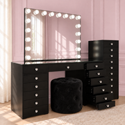 Luxury black makeup vanity package with a Black Out Beauty vanity, Black Luna Luxe Hollywood Mirror, matching drawer towers and ottoman for modern beauty rooms and bedrooms.