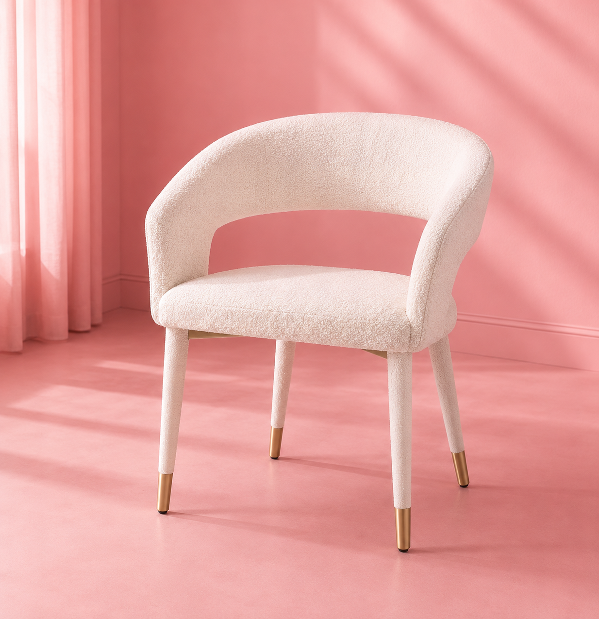 Valentina Curve bouclé makeup chair in white with a curved open-back design, gold legs and padded seat for luxury vanities, bedrooms and beauty rooms by Vanity Vault