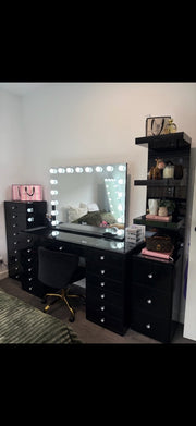 Customer setup featuring Black Out Beauty vanity, Black Luna Luxe mirror, black Scarlett Sky tower and black Harmony 9 tower